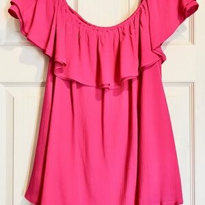 Nina Leonard Off-Shoulder Ruffle Tunic — Hot Pink